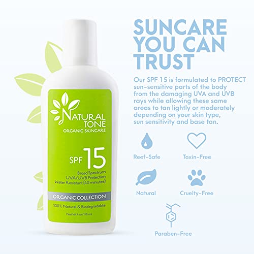SPF15 Broad Spectrum Natural Sunscreen, Soothing & Hydrating Sunscreen Lotion, Plant-Based Sun Block, Water-Resistant Sun Screen Protector for Fa