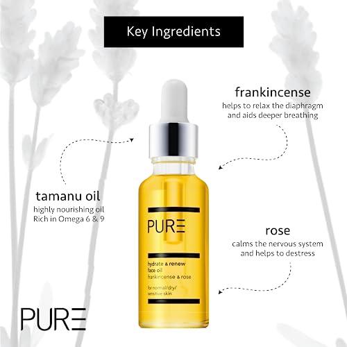 Hydrate & Renew Face Oil from PURE Spa & Beauty 30ml - Vegan Skin Moisturiser with Rose, Geranium, Orange, Frankincense, Vitamin E and Omega 6 &