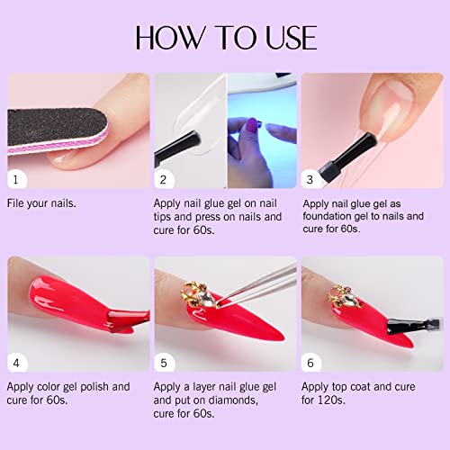 Saviland 4-in-1 Nail Glue Gel - 15ML Gel Nail Glue, Glue Gel for Press on Nails & Fake Nails, Gel Base Strengthen for Nails, Slip Solution for Po