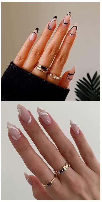 JUSTOTRY 4 Packs (96 Pcs) White and Black Square False Nails Short Pattern,Cheap and Durable French Press on Nails,Swirl Fake Nails Medium with N