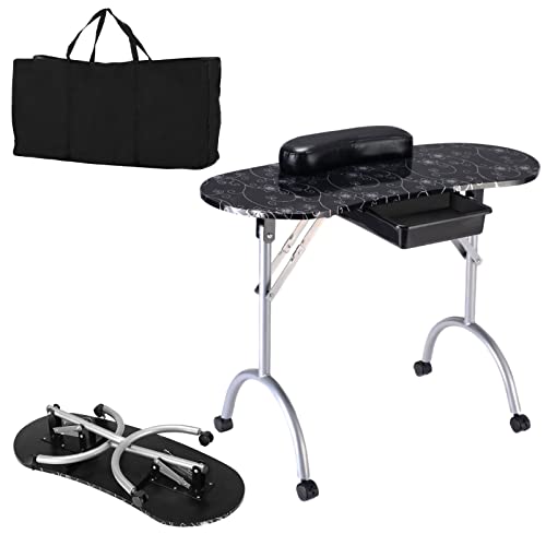 RELAX4LIFE Portable Manicure Nail Table, Folding Nail Technician Table Beauty Salon Desk with Drawer, Sponge & Carry Bag on Wheels, Professional