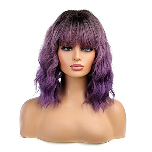 Esmee Short Wave Pink Bob Wigs With Bangs Shoulder Length Wig Curly Wavy Synthetic Cosplay Wigs for Women-12 Inches