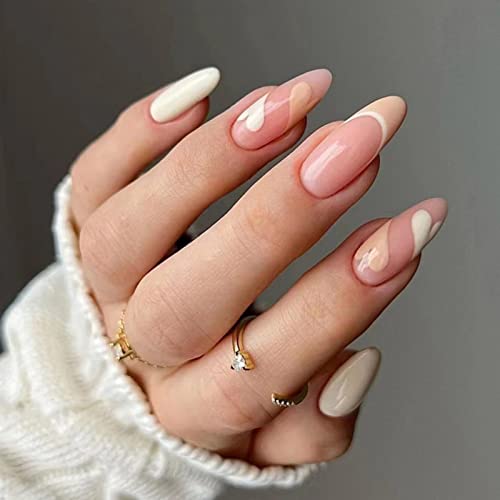 JUSTOTRY 24 Pcs Pale Orange Heart Short False Nails Stiletto,Beige French Press on Nails Pattern,Fake Nails Short with Nail Glue,Almond Medium St