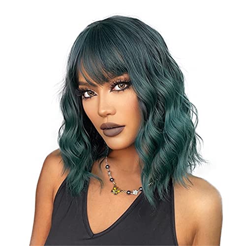 Esmee Short Wave Pink Bob Wigs With Bangs Shoulder Length Wig Curly Wavy Synthetic Cosplay Wigs for Women-12 Inches