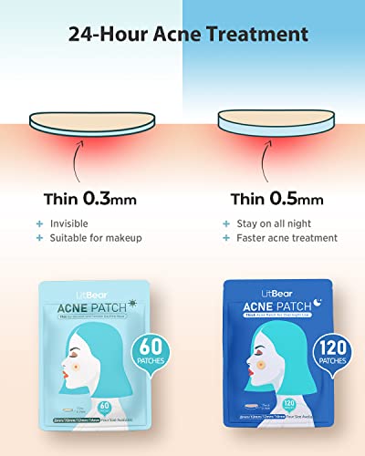 LitBear Acne Pimple Patches- Day and Night 4 Sizes 180 Dots Thin & Thick Hydrocolloid Patches with Witch Hazel, Tea Tree & Calendula Oil, Extra A