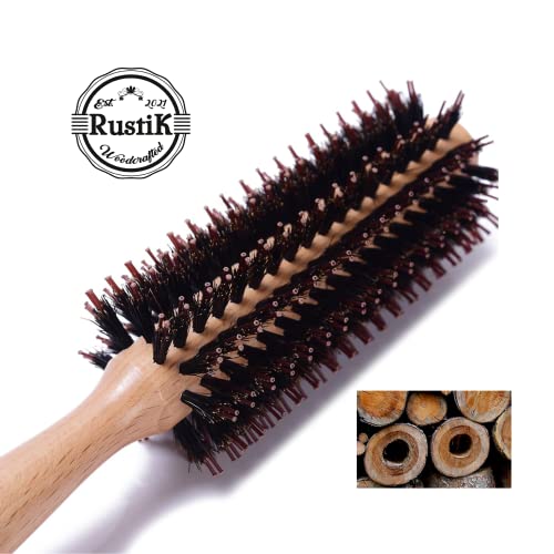 Round Hair Brush and Cotton Travel Bag by RustiK, Stiff Nylon and Boar Bristles, Eco Friendly, Curl Enhancing, Blow Drying, Styling, Adding Volum