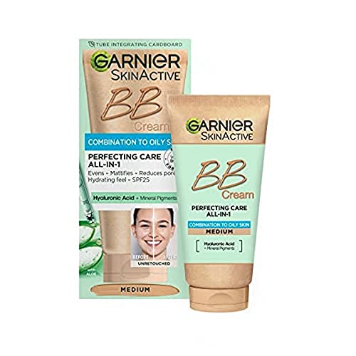 NEW & IMPROVED Garnier Oil-Free Perfecting All-in-1 BB Cream, Shade Medium, Tinted Moisturiser SPF25, Mattifies Skin & Evens Complexion, With Hya