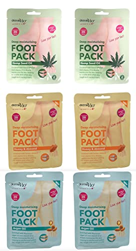 Derma V10 Foot Pack Mask (6 Pack) Deep Moisturising (Tea Tree & Peppermint, Honey & Almond, Argan Oil)