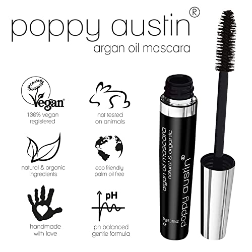 Poppy Austin - Vegan Mascara Black Volume And Length Waterproof 9g - Gentle, Hypoallergenic Volumising Mascara, Organic & Cruelty Free - All Natu
