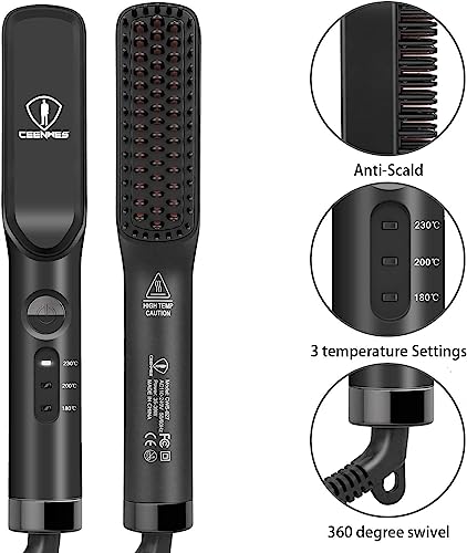 Ceenwes 3 in 1 Professional Beard Straightener with Beard Oil Beard Balm Portable Hair Straightener Brush Perfect Men Gifts for Hair Styling Men’