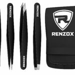 Renzox 4pcs Tweezers for Facial Hair Women & Men Hair Removal Eyebrow Tweezers Professional Stainless Steel Black Color Coated tweezer Set Slante