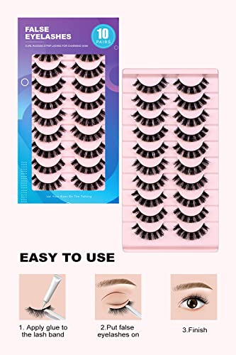 False Eyelashes Russian Volume Strip Lashes,Wispy D Curl Fake Eyelashes,Faux Mink Lashes Natural Look Fluffy Russian Strip Lashes 3D Effect 10 Pa