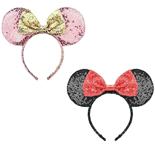 DRESHOW 2 Pack Mouse Ears Bow Headbands Glitter Party Decoration Cosplay Costume for Girls & Women
