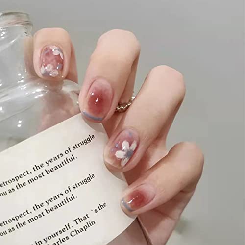 JUSTOTRY 24 Pcs Fake Nails Short, Red and Yellow Swirl Press on Nails with Designs, Glossy Pink French False Nails Short, Stick on Nails for Wome