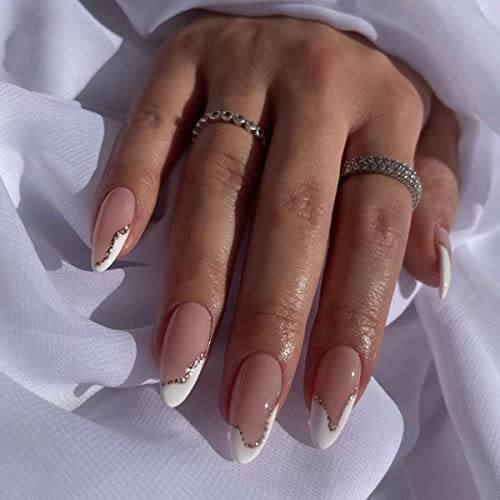 JUSTOTRY 24 Pcs Pale Orange Heart Short False Nails Stiletto,Beige French Press on Nails Pattern,Fake Nails Short with Nail Glue,Almond Medium St