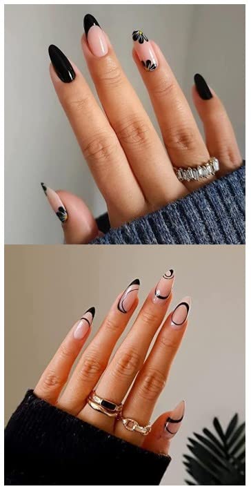 JUSTOTRY 4 Packs (96 Pcs) White and Black Square False Nails Short Pattern,Cheap and Durable French Press on Nails,Swirl Fake Nails Medium with N