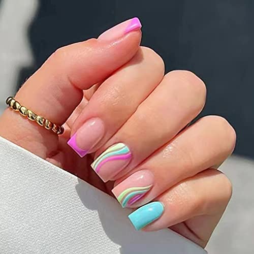 JUSTOTRY 24 Pcs Pastel Square Short False Nails,Multi Colour French Press on Nails Pattern, Cute Fake Nails Medium with Nail Glue,Rainbow Stick o