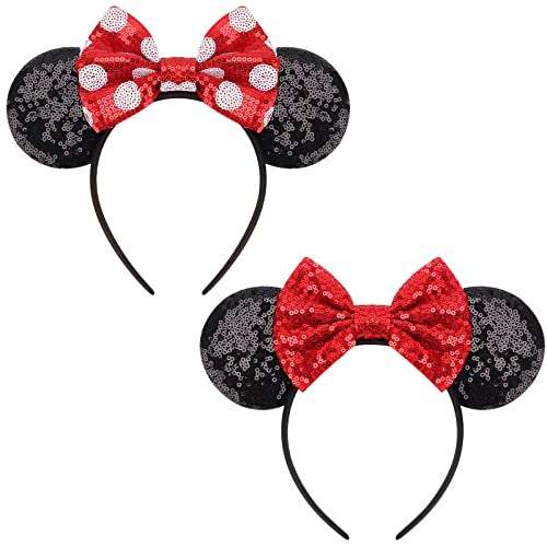 DRESHOW 2 Pack Mouse Ears Bow Headbands Glitter Party Decoration Cosplay Costume for Girls & Women