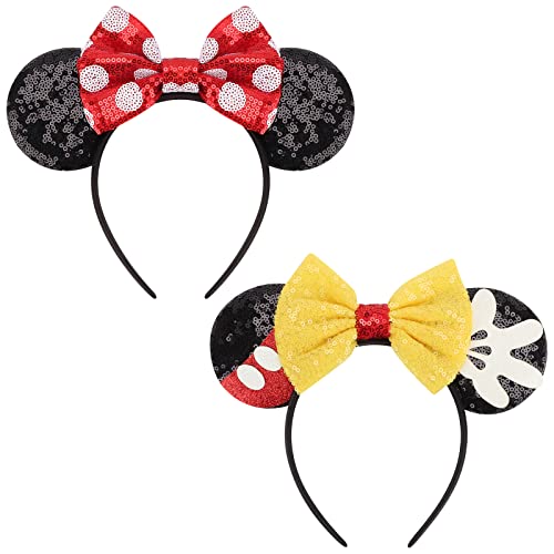DRESHOW 2 Pack Mouse Ears Bow Headbands Glitter Party Decoration Cosplay Costume for Girls & Women