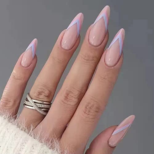 JUSTOTRY 24 Pcs Stiletto False Nails Medium with Jewels,Beige French Press on Nails Pattern,Fake Nails Short with Nail Glue,Almond Stick on Nails