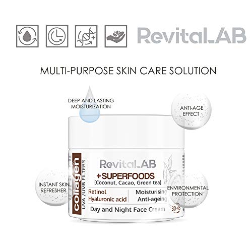 RevitaLAB Day and Night Collagen Anti-Ageing Moisturiser, Enriched with Hyaluronic Acid, Superfoods, Vitamins and a UVA/UVB Filter, for Ages 30 –