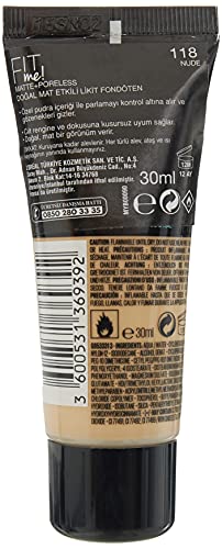 Maybelline Fit Me Foundation, Matte & Poreless, Full Coverage Blendable Normal to Oily Skin, 118 Light Beige 30ml