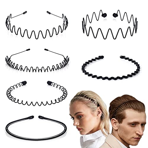 Metal Headband Mens Hair Band Non-Slip Sports Hair Hoop for Men Black Wavy Fashion Hair Band for Outdoor Weddings (6 PCS)
