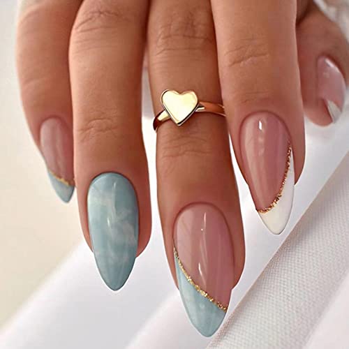 JUSTOTRY 24 Pcs Stiletto False Nails Medium with Jewels,Beige French Press on Nails Pattern,Fake Nails Short with Nail Glue,Almond Stick on Nails