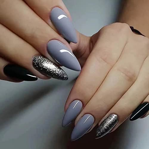JUSTOTRY 24 Pcs Stiletto False Nails Medium with Jewels,Beige French Press on Nails Pattern,Fake Nails Short with Nail Glue,Almond Stick on Nails