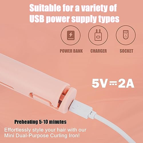 Mini Dual-Purpose Curling Iron,2 in 1 Hair Straightener and Curler,USB Rechargeable Hair Curler Iron,Ceramic Mini Hair Curling Iron for Short Lon