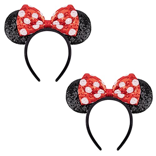 DRESHOW 2 Pack Mouse Ears Bow Headbands Glitter Party Decoration Cosplay Costume for Girls & Women