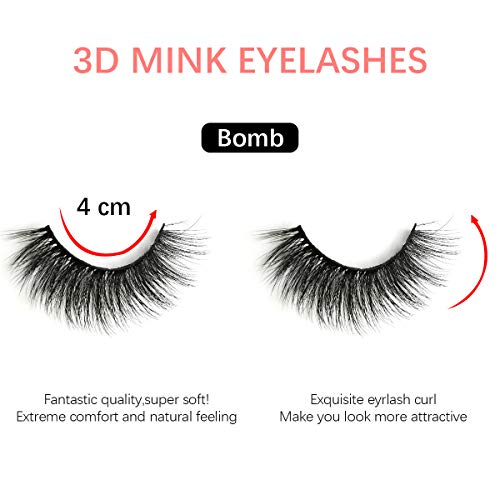 False Eyelashes 5 Pairs Reusable 3D Mink Lashes Handmade Natural Thick Fake Eyelashes Contains Stainless Steel Eyelash Tweezers (Bomb)