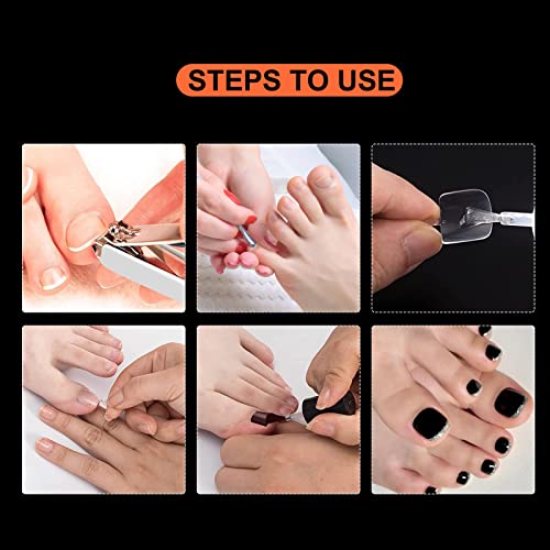 JSRQT 600 Pieces False Toe Nail Set, 12 Size Clear Full Cover Toenails Square Short Artificial French Toe Nail Set, Toe Nails Tips with handle fo