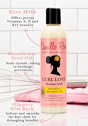 Camille Rose Curl Love Moisture Milk 240ml - Softening Leave-In Conditioner. Macadamia nut & Vanilla. Hydrate and elongate hair strands.