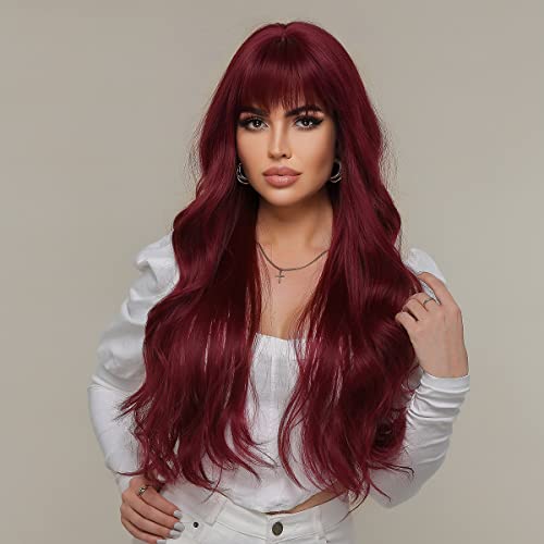 iShine Burgundy Red Wigs for Women Long Wavy Wine Red Wigs with Fringe Synthetic Wig Heat Resistant Natural Hair for Daily Party Cosplay Use Gift