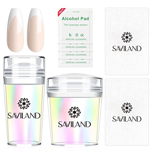 Saviland French Nail Stamper - 14PCS Durable French Tip Stamp Kit, Silicone Jelly Nail Stamper with Scrapers&Cleaning Pads, Nail Stamping Kit, Fr