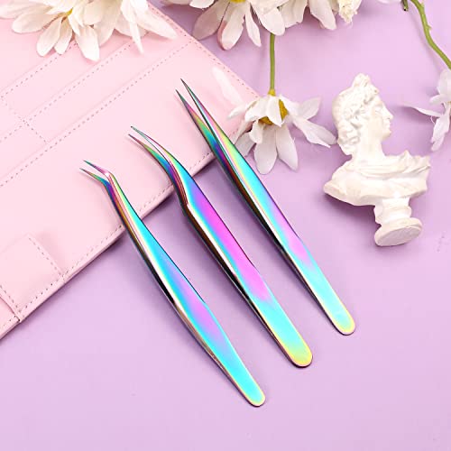 Lash Tweezers Set, 3Pcs Stainless Steel Lash Extension Tweezers 3 Styles Straight and Curved Eyelash Tweezers for Removing Eyebrows False Lashes