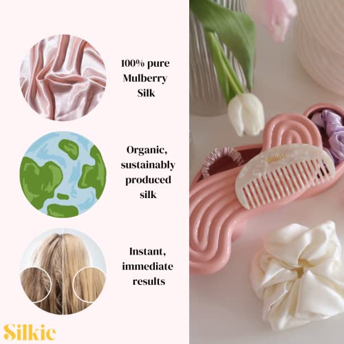 SILKIE x2 Set 100% Pure Mulberry Silk Pink Black Large Oversized Scrunchies Silk Travel Pouch Hair Ties Elastics Hair Care Premium Ponytail Holde