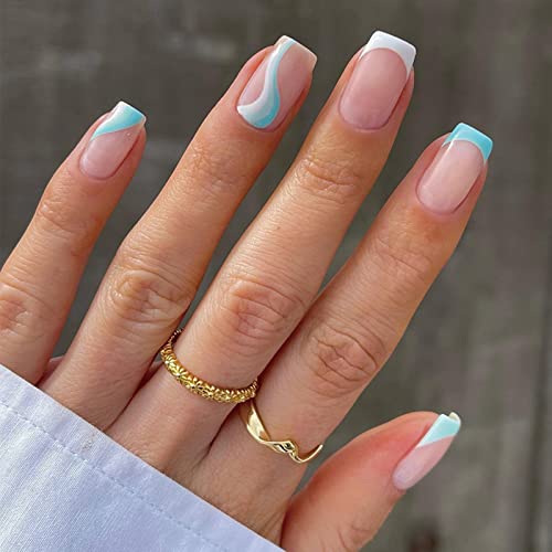 JUSTOTRY 24 Pcs Pastel Square Short False Nails,Multi Colour French Press on Nails Pattern, Cute Fake Nails Medium with Nail Glue,Rainbow Stick o