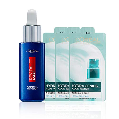 L'Oreal Paris Pure Retinol Serum, Revitalift Laser Deep Anti-Wrinkle Retinol Night Serum For Face [Revitalift Laser Retinol Serum 30ml + x3 Hydra