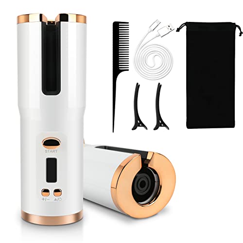 Cordless Auto Curling Iron, Topretty Hair Wand Curling LCD Display & USB Rechargeable Anti-Tangle Hair Curlers for Long Hair Adjustable Temperatu