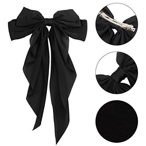 RosewineC 2 PCS Bow Hair Clips Solid Color Bow French Automatic Hair Clip with Long Silky Satin Tail Large Bows for Simple Women Girls Barrettes
