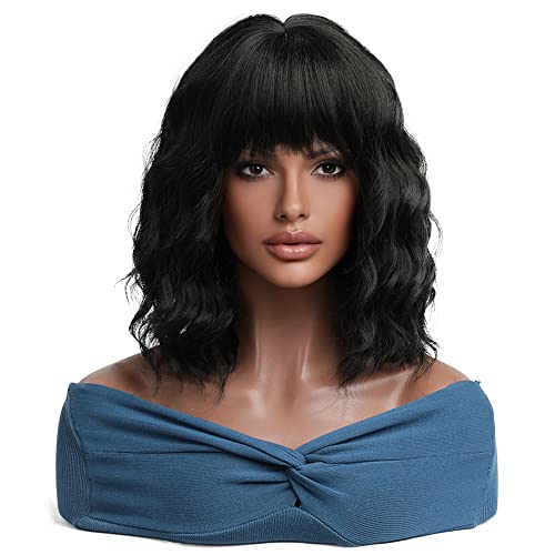 Esmee Short Wave Pink Bob Wigs With Bangs Shoulder Length Wig Curly Wavy Synthetic Cosplay Wigs for Women-12 Inches
