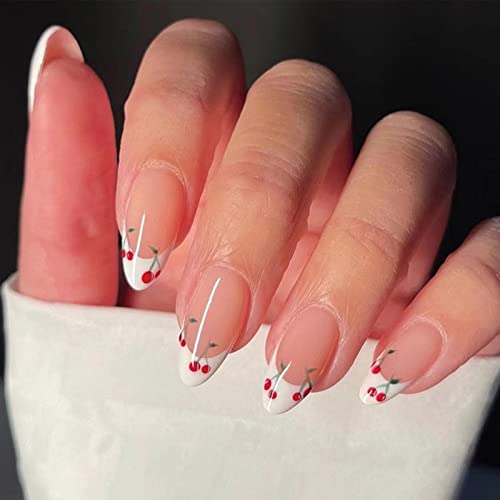 JUSTOTRY 24 Pcs Pale Orange Heart Short False Nails Stiletto,Beige French Press on Nails Pattern,Fake Nails Short with Nail Glue,Almond Medium St