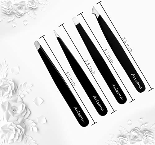 Avizona Set of 4 Precision Tweezers for Facial Hair Women & Men Professional Eyebrow Tweezers for ingrown Hair Black Color Coated tweezer Set wit