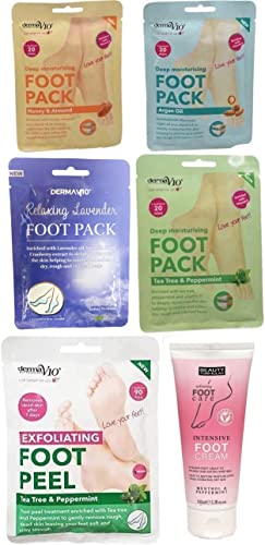 Derma V10 Foot Pack Mask (6 Pack) Deep Moisturising (Tea Tree & Peppermint, Honey & Almond, Argan Oil)