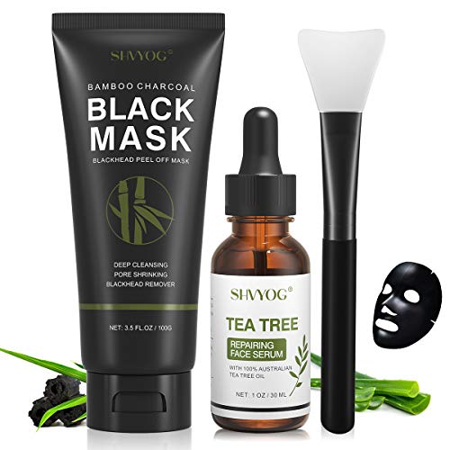 Blackhead Peel Off Face Mask, SHVYOG 3-in-1 Blackhead Remover Charcoal Mask with Brush & Tea Tree Serum, Purifying Deep Cleansing Black Mask for