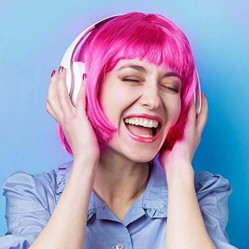 PLULON Peach Pink Bob Wig and Sunglass Set, Neon Short Bob Wig Sunglass Pack Costume Colorful Cosplay Wig Hairpieces for Bachelorette Neon Party