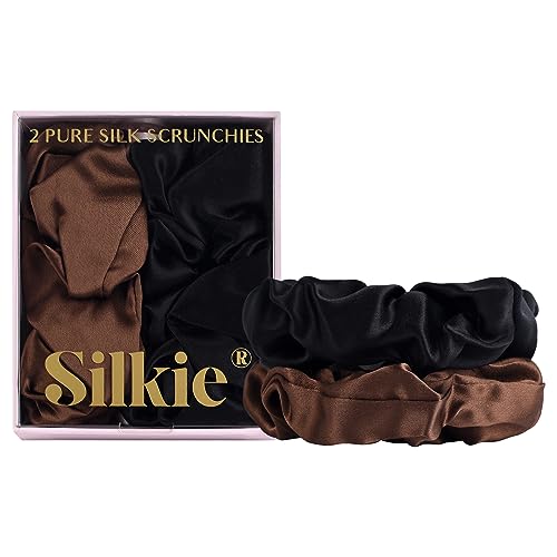 SILKIE x2 Set 100% Pure Mulberry Silk Pink Black Large Oversized Scrunchies Silk Travel Pouch Hair Ties Elastics Hair Care Premium Ponytail Holde