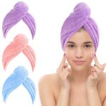 Jsdoin 3 Pack Hair Towel Wrap, Microfibre Wrap Hair Towel with Button Super Quick Absorbent Anti-Frizz Fast Dry Hair Caps Twist Turban for Girls